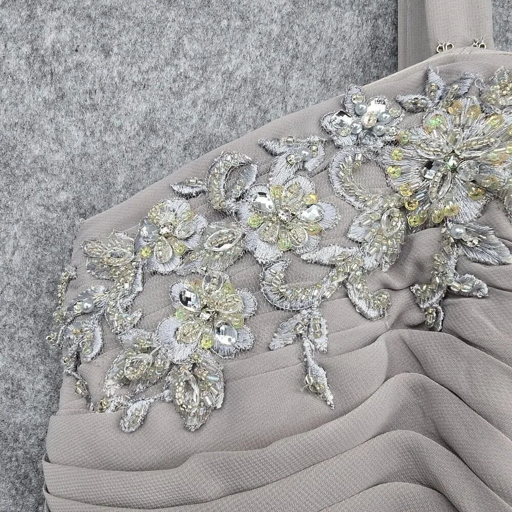 Caterina Collection Womens Grey Beaded Ruched Tiered Ruffle Formal Dress Size 12 - Picture 13 of 15
